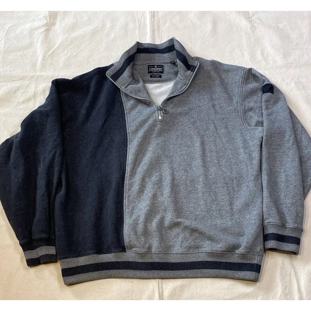 Vtg Evergreen color block Sport men's M 1/4 Zip Sweater 100% Cotton Velvet Flee